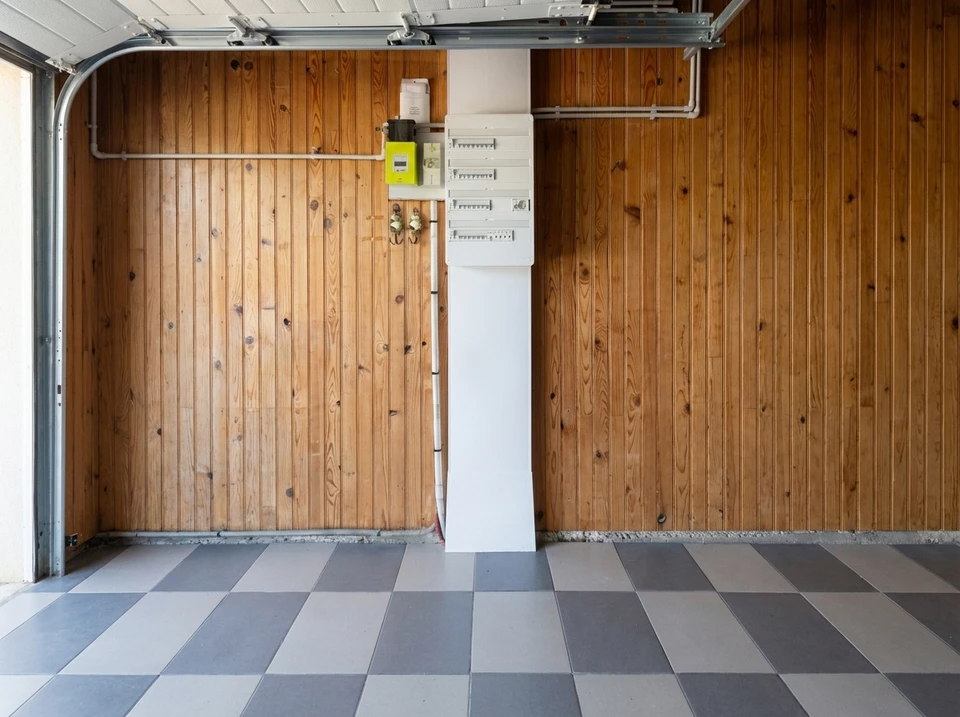 Garage vide avec mur en lambris de pin, tableau électrique mural avec disjoncteurs modulaires, compteur électrique jaune, conduits PVC apparent