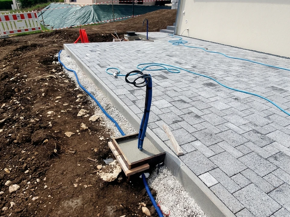 Garage vide avec mur en lambris de pin, tableau électrique mural avec disjoncteurs modulaires, compteur électrique jaune, conduits PVC apparent