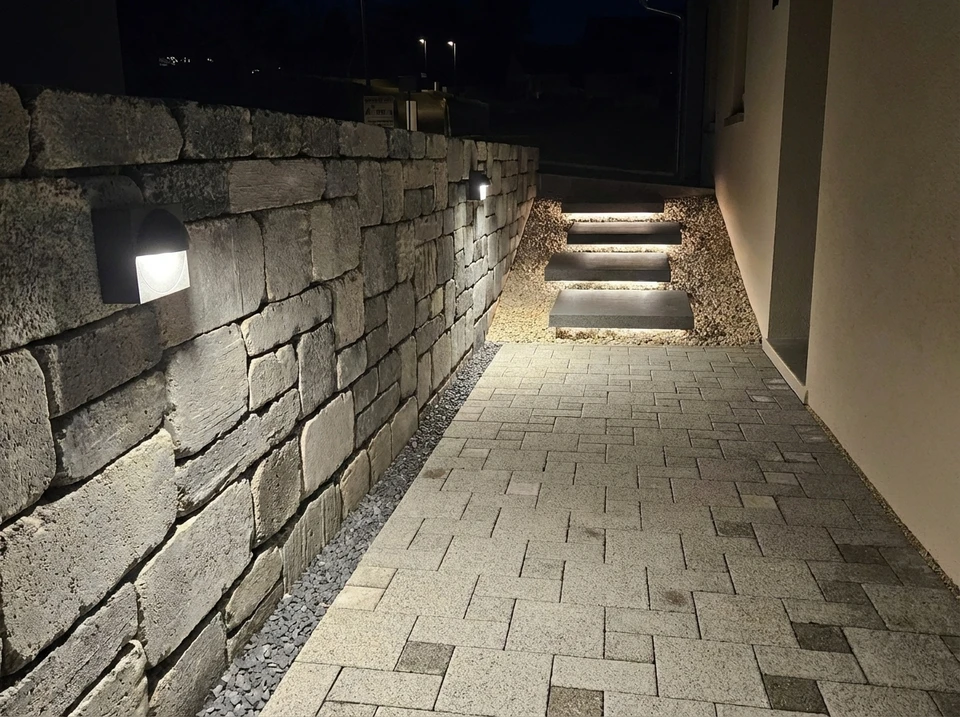 Garage vide avec mur en lambris de pin, tableau électrique mural avec disjoncteurs modulaires, compteur électrique jaune, conduits PVC apparent