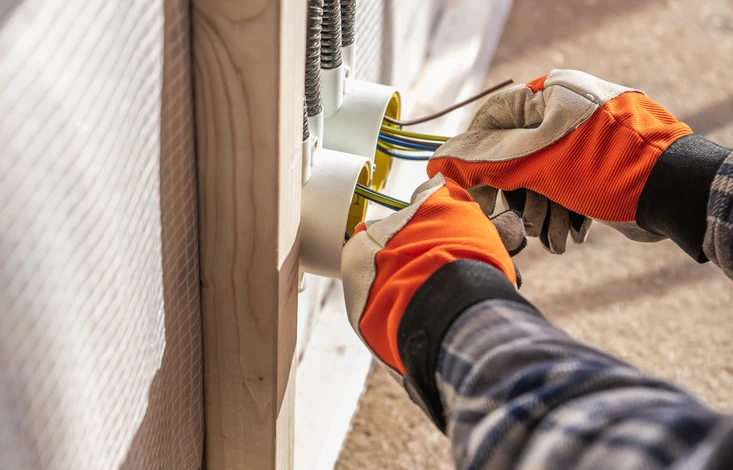 Électricien professionnel portant un casque de sécurité effectue des mesures électriques sur une prise murale résidentielle à l'aide d'un multimètre numérique