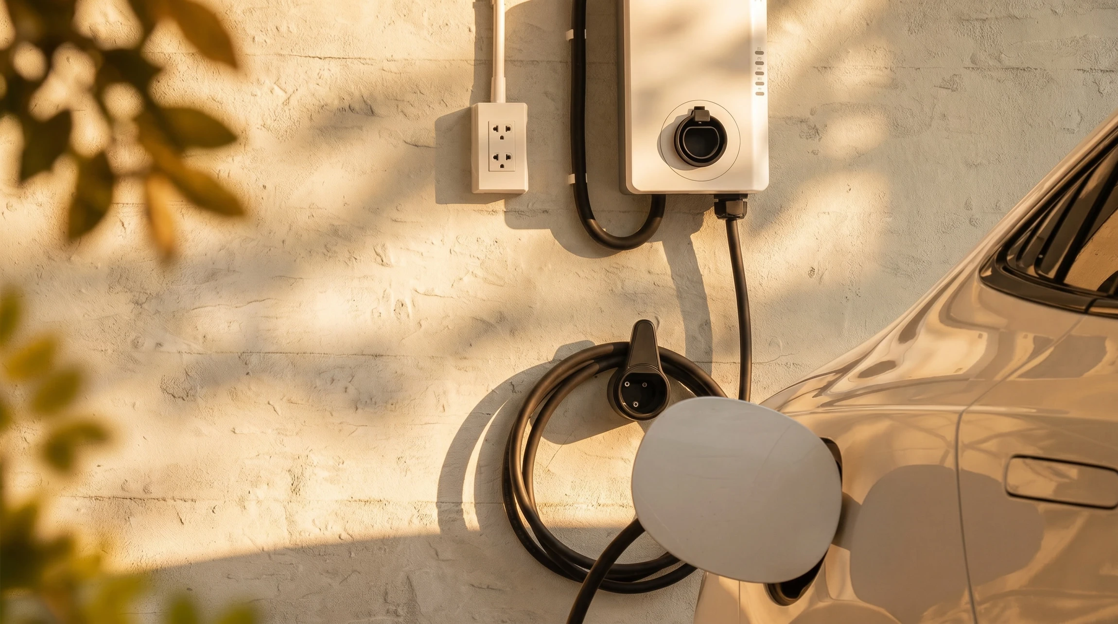 Scène extérieure urbaine avec véhicule électrique blanc en charge via câble bleu connecté au port de recharge latéral