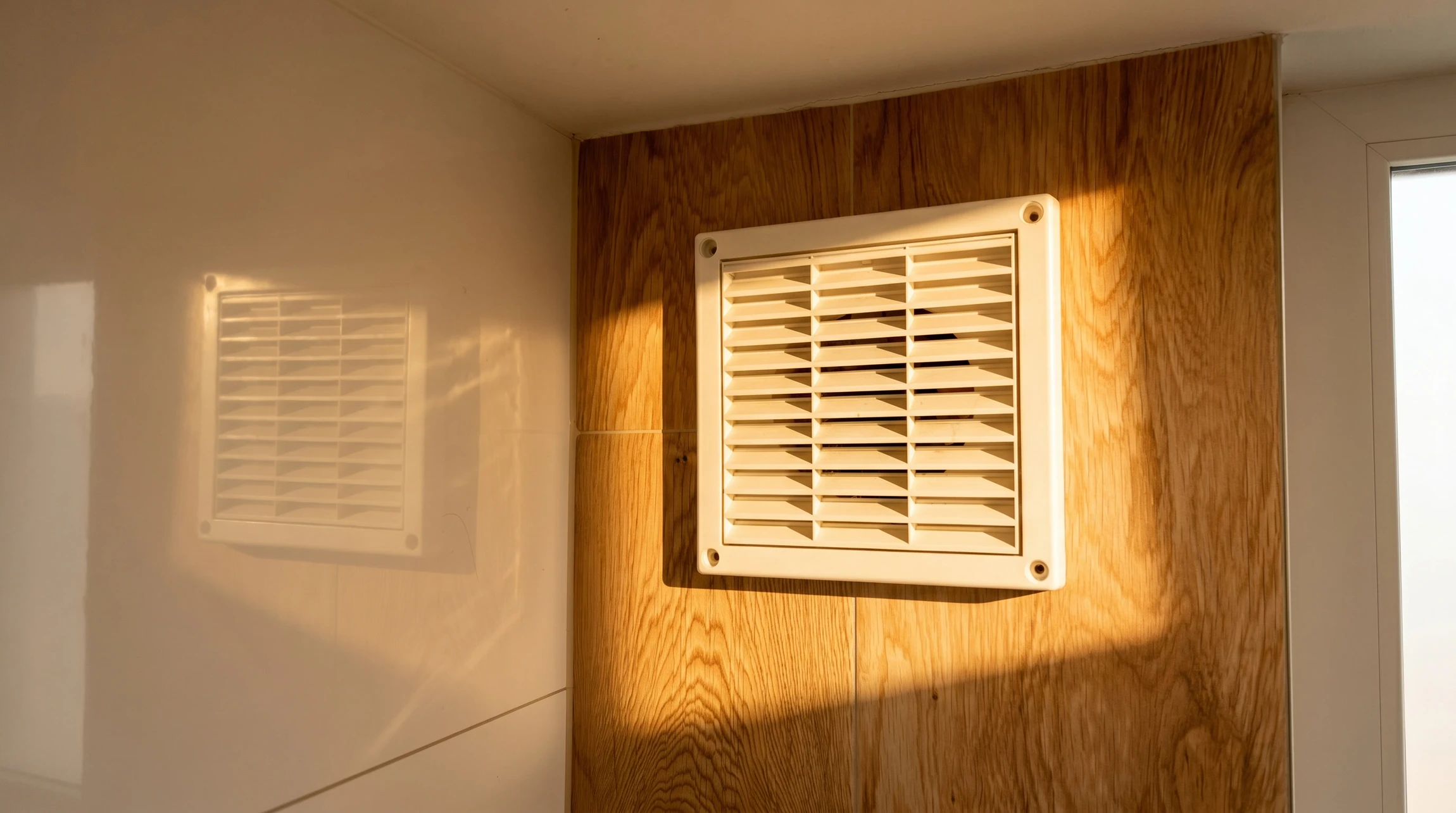 Électricien professionnel en tenue de travail, vue rapprochée montrant l'installation d'une bouche de VMC au plafond d'un intérieur résidentiel moderne (cuisine ou salle de bain), avec vue partielle du plafond blanc et des éléments de finition. La scène montre le professionnel travaillant avec concentration sur l'installation du dispositif de ventilation. Photographie réaliste et professionnelle de qualité élevée.